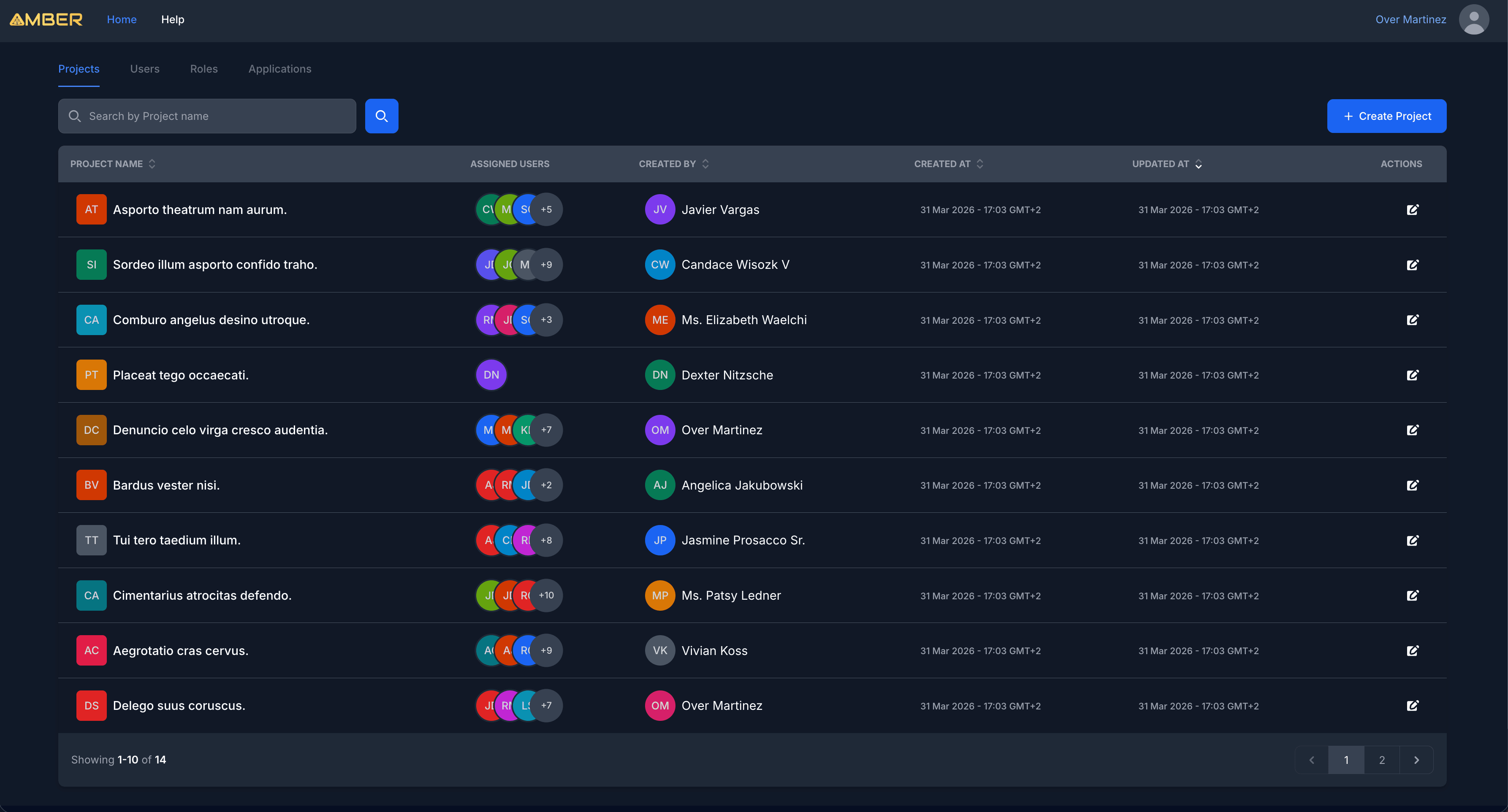 Project List Dashboard screenshot